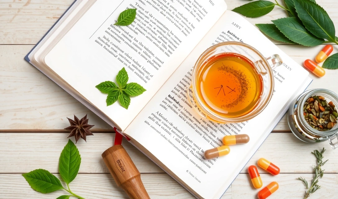 Libro abierto con hierbas y vitaminas, simbolizando conocimiento y salud natural