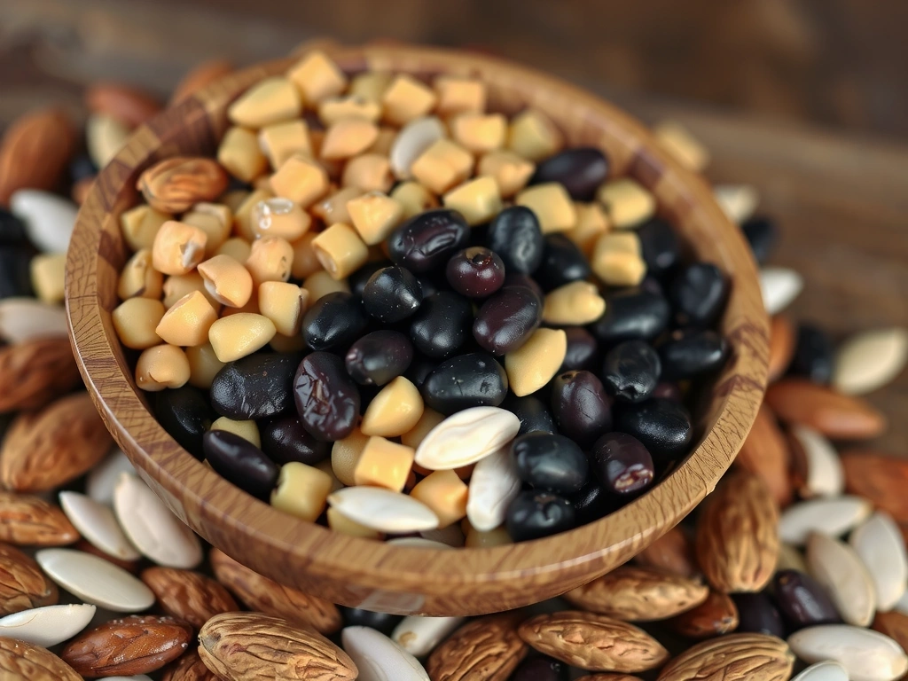 Una variedad de legumbres, frutos secos y semillas, con un enfoque en lentejas y garbanzos.