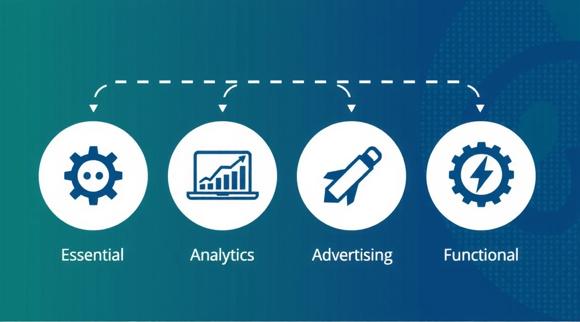 Iconos de diferentes tipos de cookies (esencial, analítica, publicidad) organizados en un círculo con una flecha giratoria, representando su ciclo de vida.
