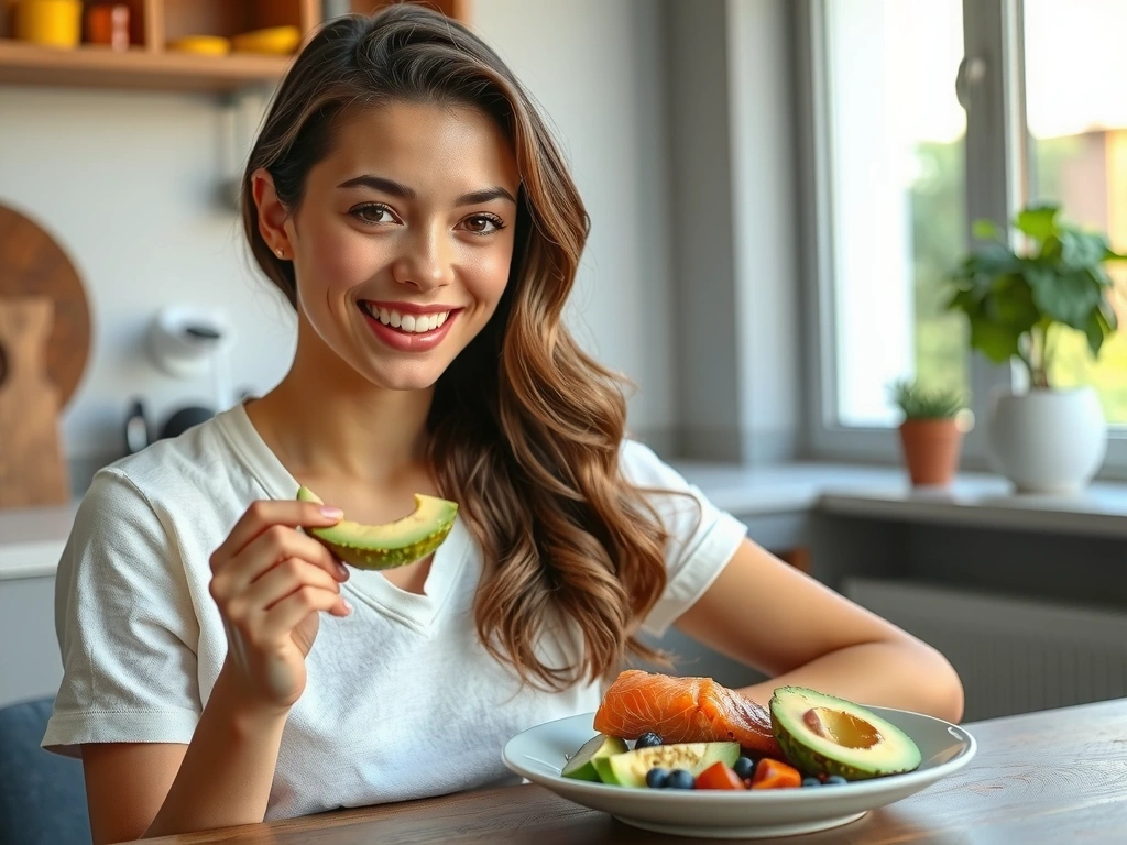 Mujer joven y saludable sonriendo, comiendo aguacate y salmón