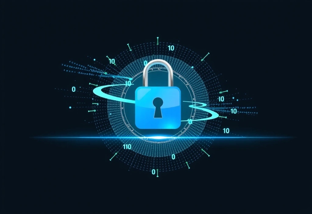 Ilustración de seguridad de datos con un candado y datos binarios