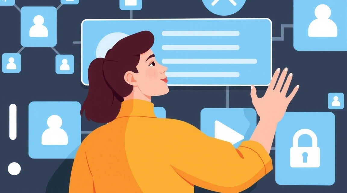 Ilustración de una persona interactuando con un panel de control digital, gestionando sus datos personales