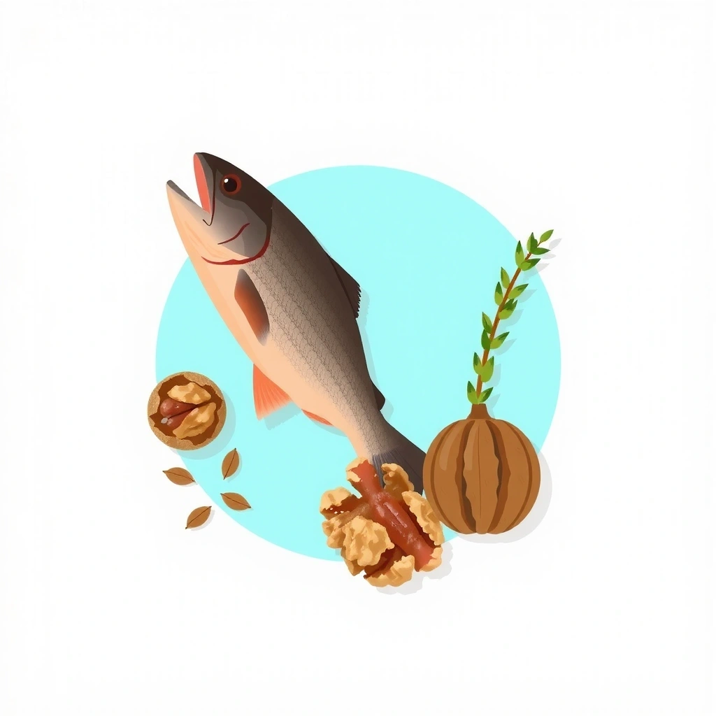 Ilustración de pescado azul y semillas de lino, fuentes de Omega-3