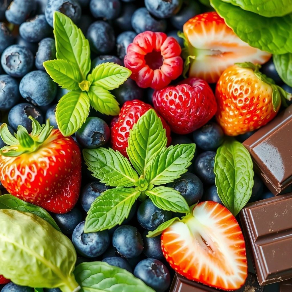 Variedad de alimentos ricos en antioxidantes como bayas y té verde