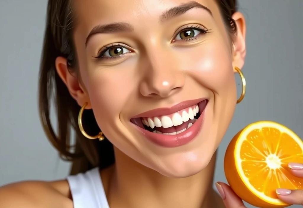 Mujer sonriente y saludable con piel radiante, simbolizando los beneficios de la Vitamina C
