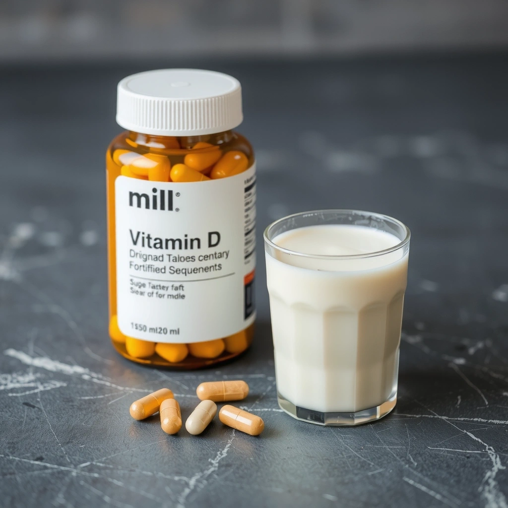 Suplementos de Vitamina D en cápsulas y un vaso de leche fortificada