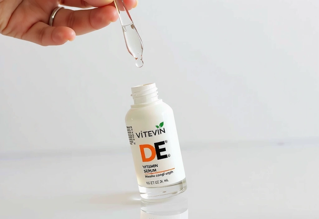 Botella de suero con Vitamina E y una gota cayendo, con un signo de exclamación